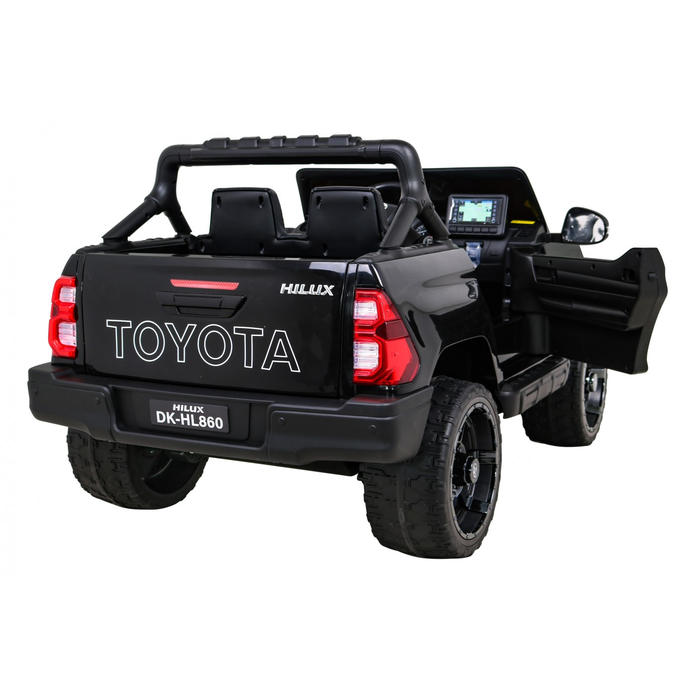 Dětská baterie Toyota Hilux černá + 4x4 + dálkové ovládání + 2 nosiče zavazadel + MP3 rádio + LED