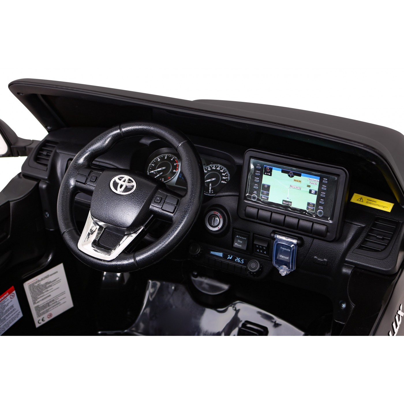 Dětská baterie Toyota Hilux černá + 4x4 + dálkové ovládání + 2 nosiče zavazadel + MP3 rádio + LED