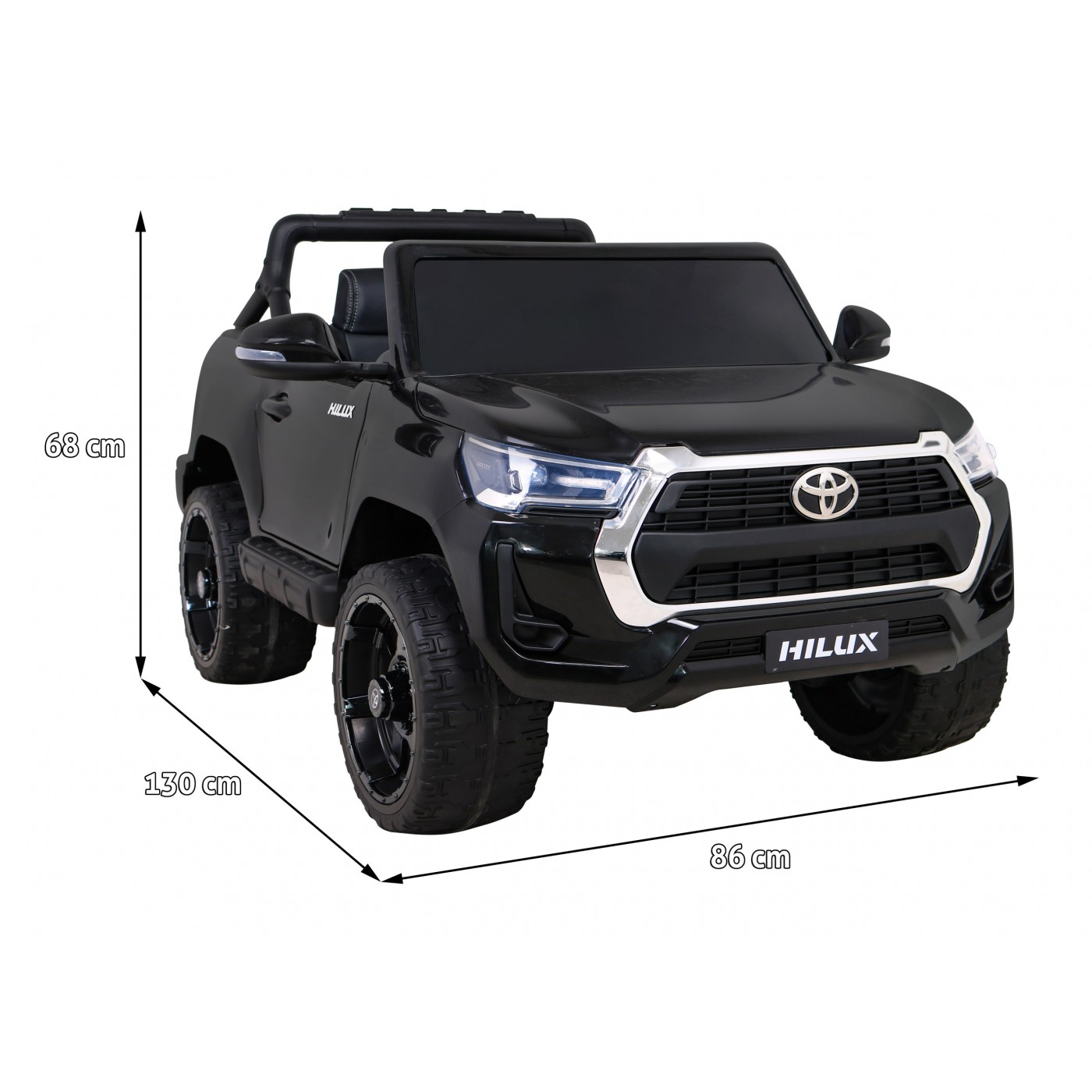 Dětská baterie Toyota Hilux černá + 4x4 + dálkové ovládání + 2 nosiče zavazadel + MP3 rádio + LED