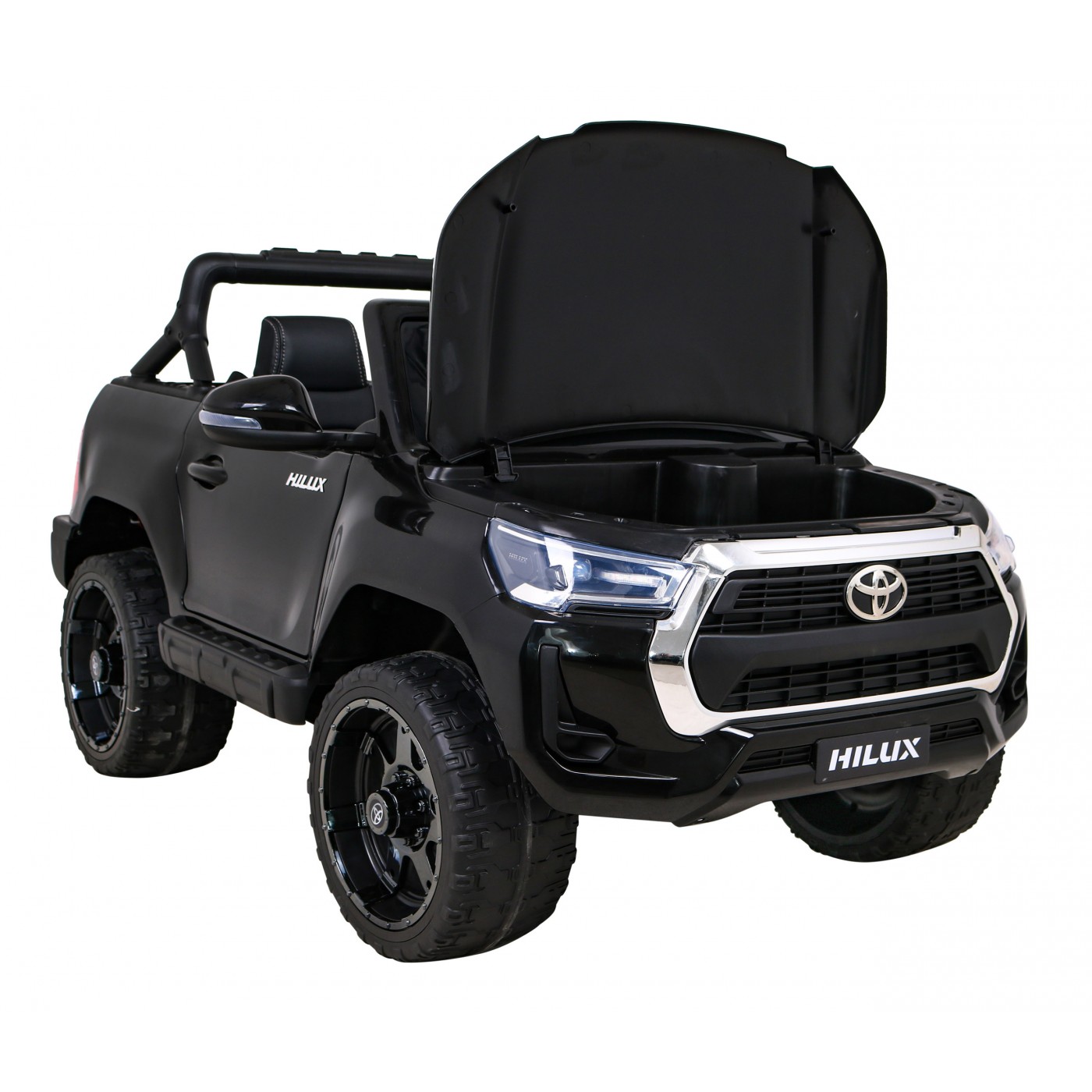 Dětská baterie Toyota Hilux černá + 4x4 + dálkové ovládání + 2 nosiče zavazadel + MP3 rádio + LED