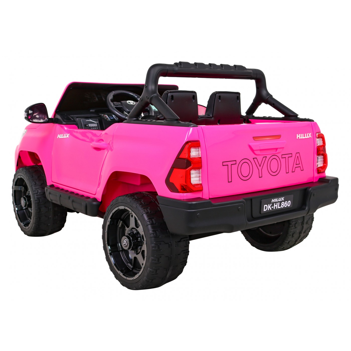 Dětská baterie Toyota Hilux napájená růžovou barvou + pohon 4x4 + dálkové ovládání + 2 nosiče zavazadel + MP3 rádio + LED