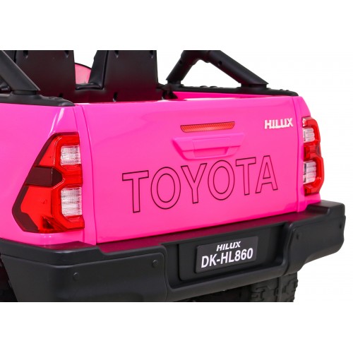 Dětská baterie Toyota Hilux napájená růžovou barvou + pohon 4x4 + dálkové ovládání + 2 nosiče zavazadel + MP3 rádio + LED