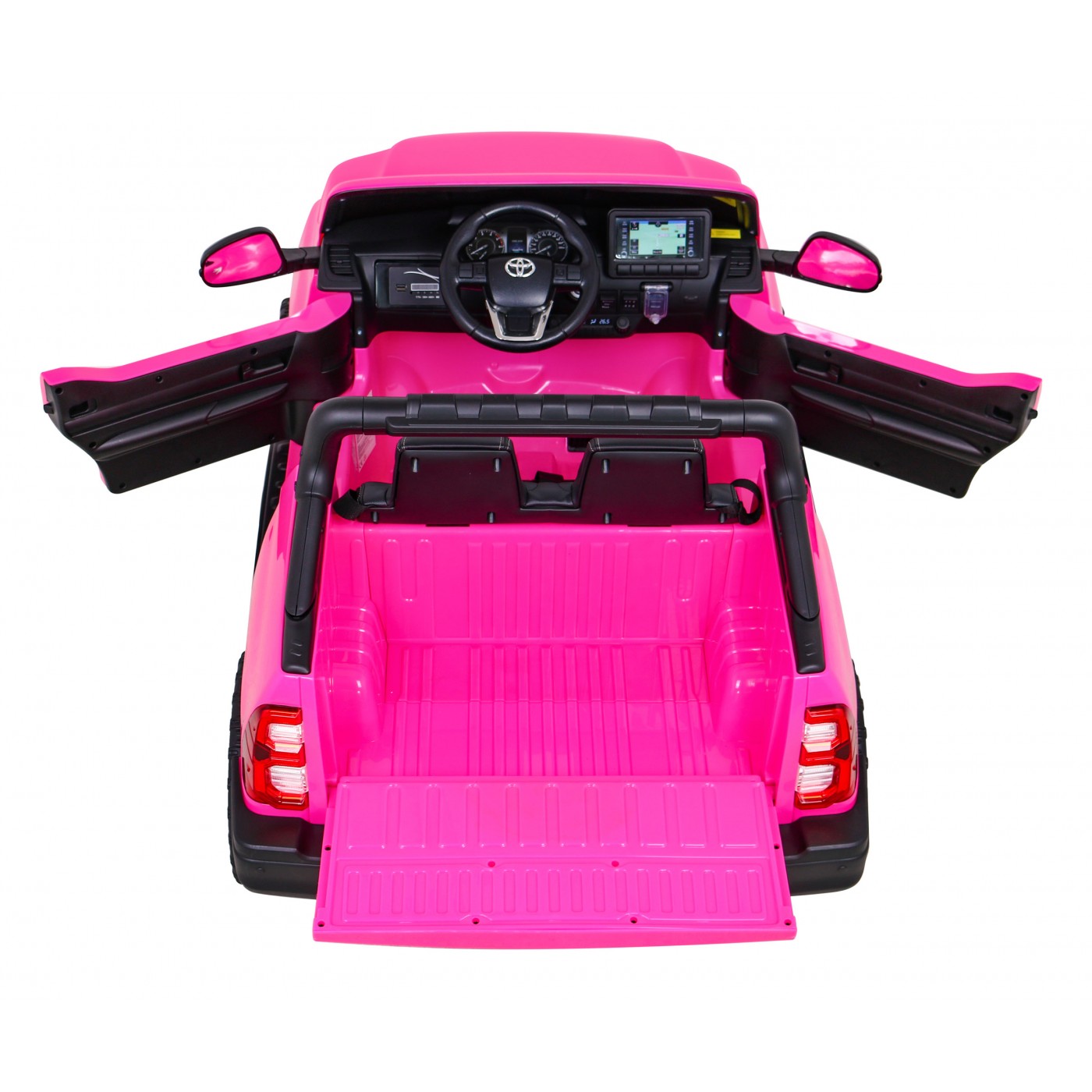 Dětská baterie Toyota Hilux napájená růžovou barvou + pohon 4x4 + dálkové ovládání + 2 nosiče zavazadel + MP3 rádio + LED