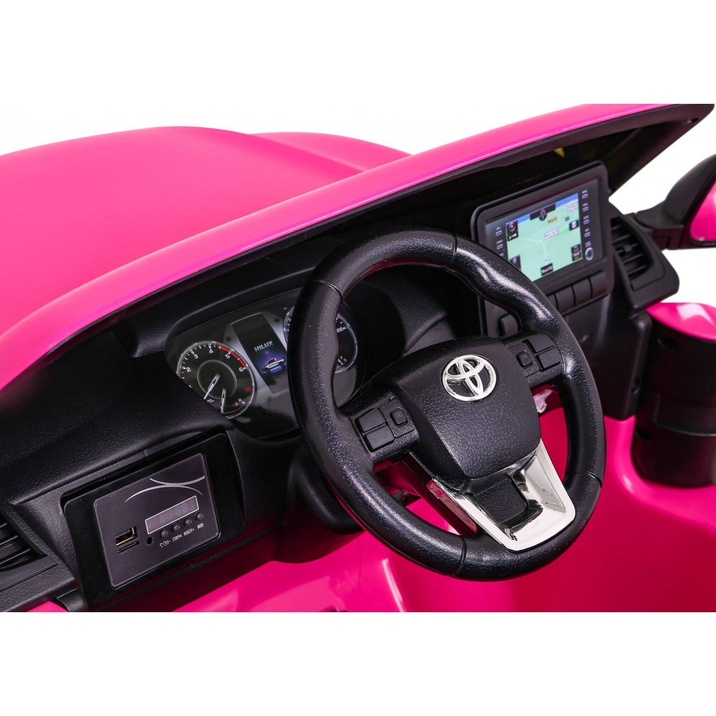 Dětská baterie Toyota Hilux napájená růžovou barvou + pohon 4x4 + dálkové ovládání + 2 nosiče zavazadel + MP3 rádio + LED
