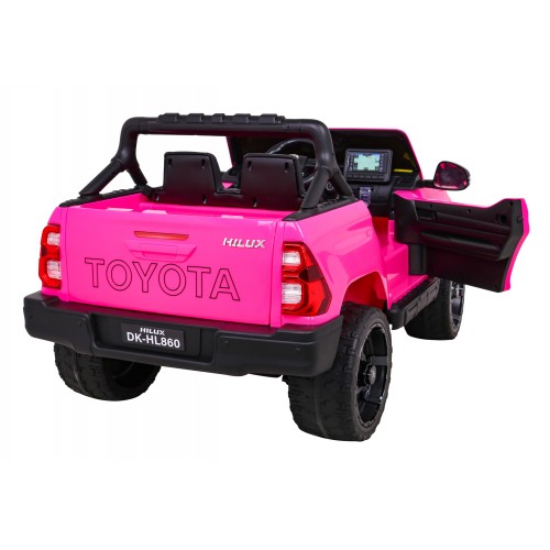 Dětská baterie Toyota Hilux napájená růžovou barvou + pohon 4x4 + dálkové ovládání + 2 nosiče zavazadel + MP3 rádio + LED