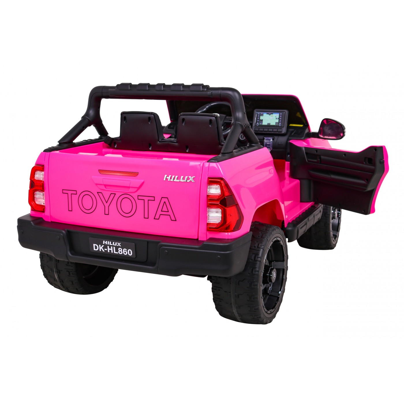 Dětská baterie Toyota Hilux napájená růžovou barvou + pohon 4x4 + dálkové ovládání + 2 nosiče zavazadel + MP3 rádio + LED