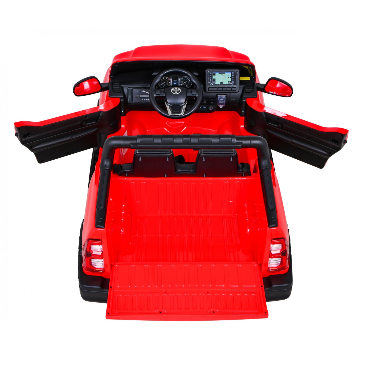 Toyota Hilux Dětská baterie Powečervená červená + 4x4 Drive + dálkové ovládání + 2 zavazadlové regály + MP3 rádio + LED