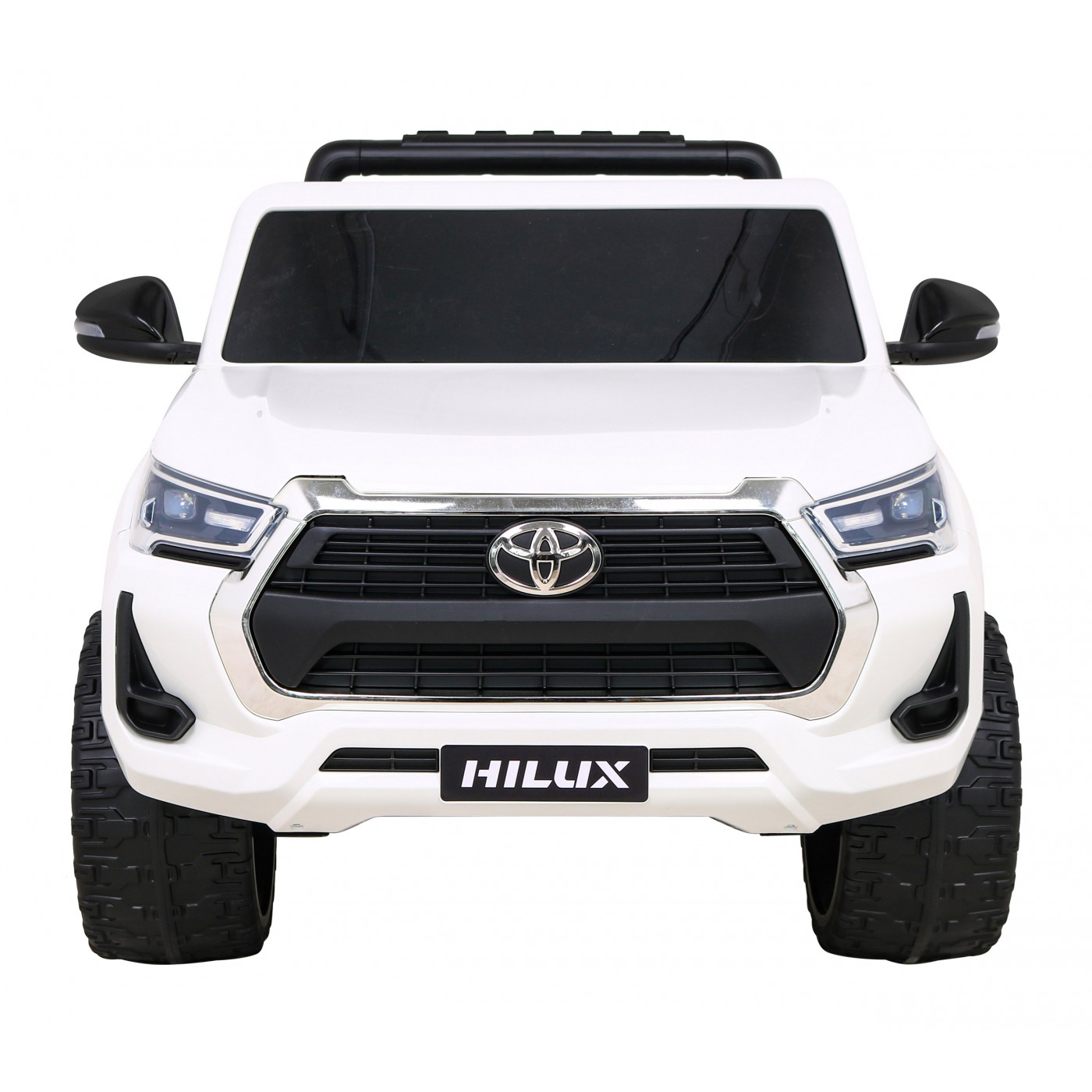 Bílá dětská baterie Toyota Hilux + 4x4 + dálkové ovládání + 2 nosiče zavazadel + MP3 rádio + LED