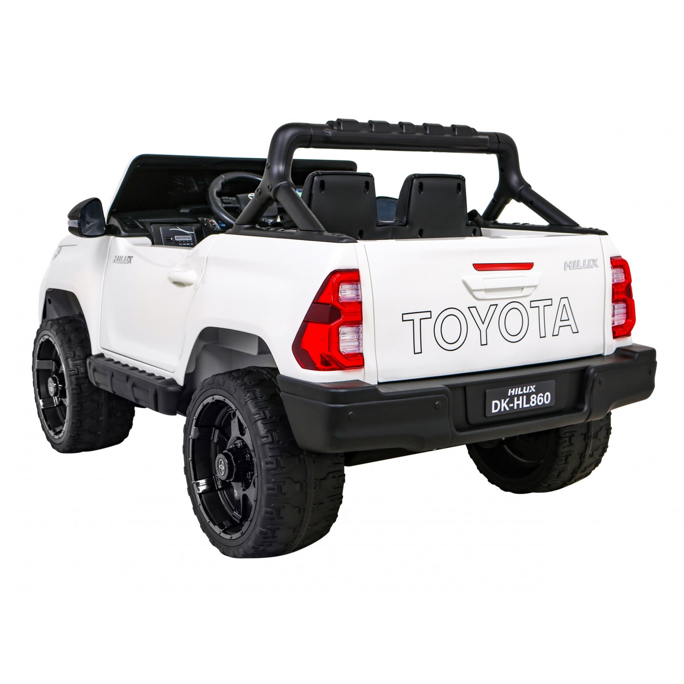 Bílá dětská baterie Toyota Hilux + 4x4 + dálkové ovládání + 2 nosiče zavazadel + MP3 rádio + LED