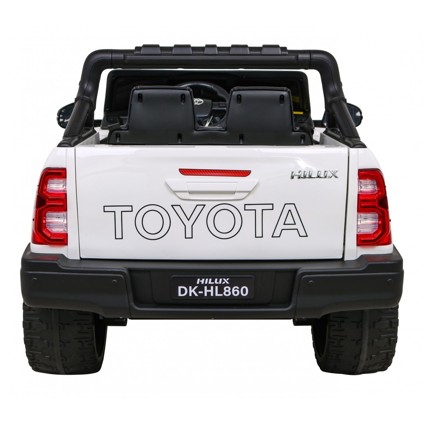 Bílá dětská baterie Toyota Hilux + 4x4 + dálkové ovládání + 2 nosiče zavazadel + MP3 rádio + LED