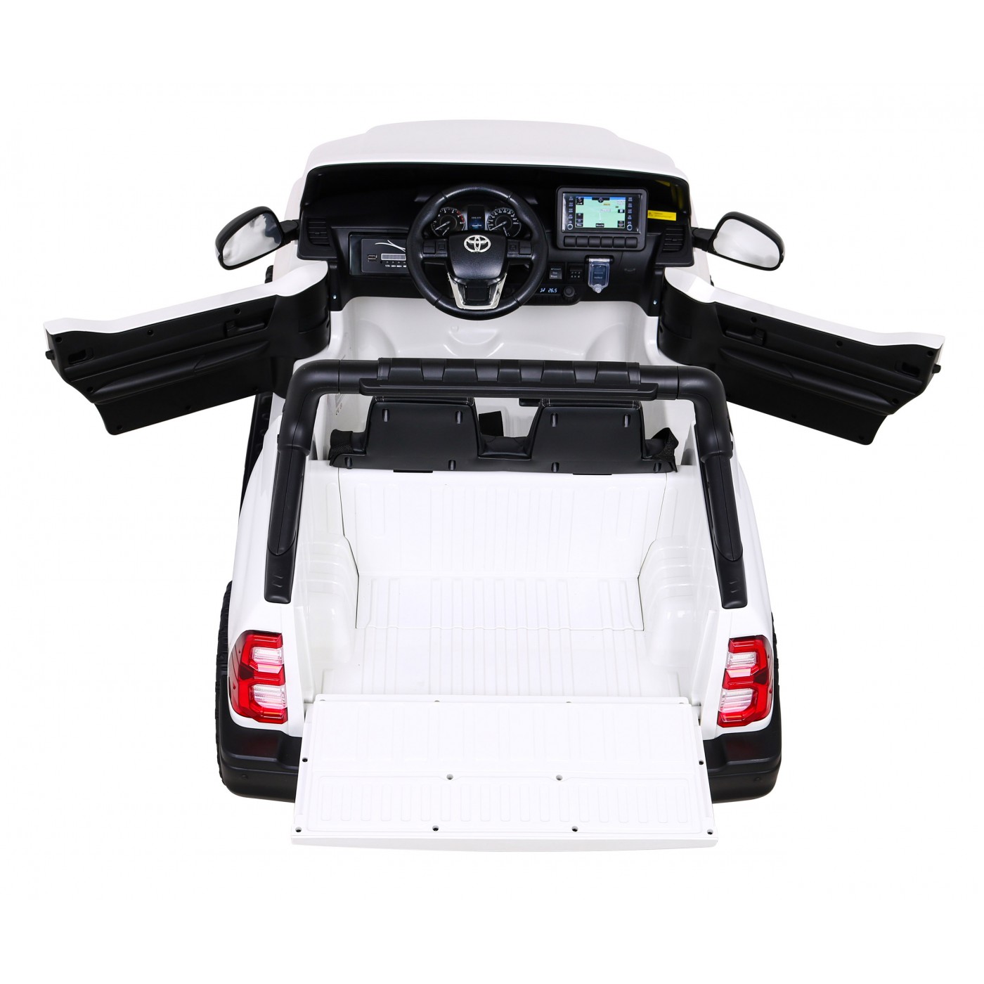 Bílá dětská baterie Toyota Hilux + 4x4 + dálkové ovládání + 2 nosiče zavazadel + MP3 rádio + LED