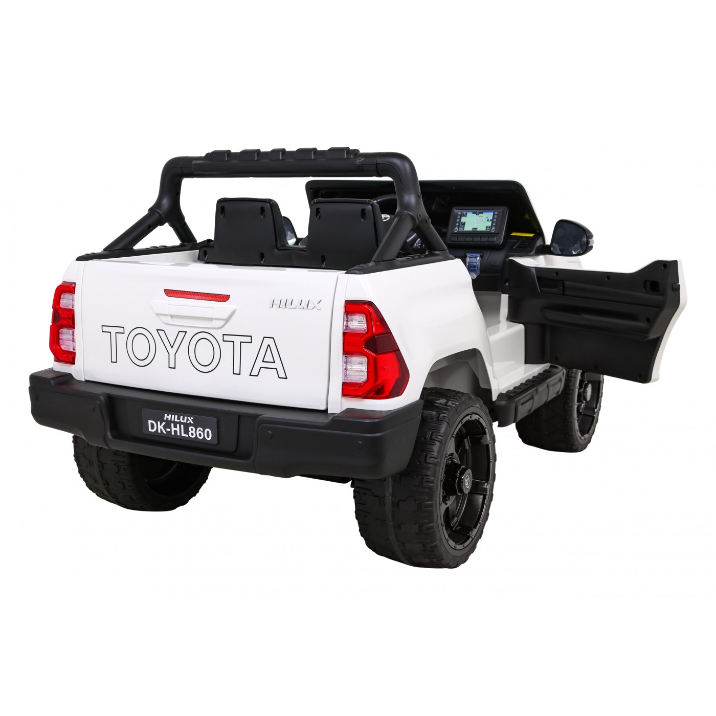 Bílá dětská baterie Toyota Hilux + 4x4 + dálkové ovládání + 2 nosiče zavazadel + MP3 rádio + LED