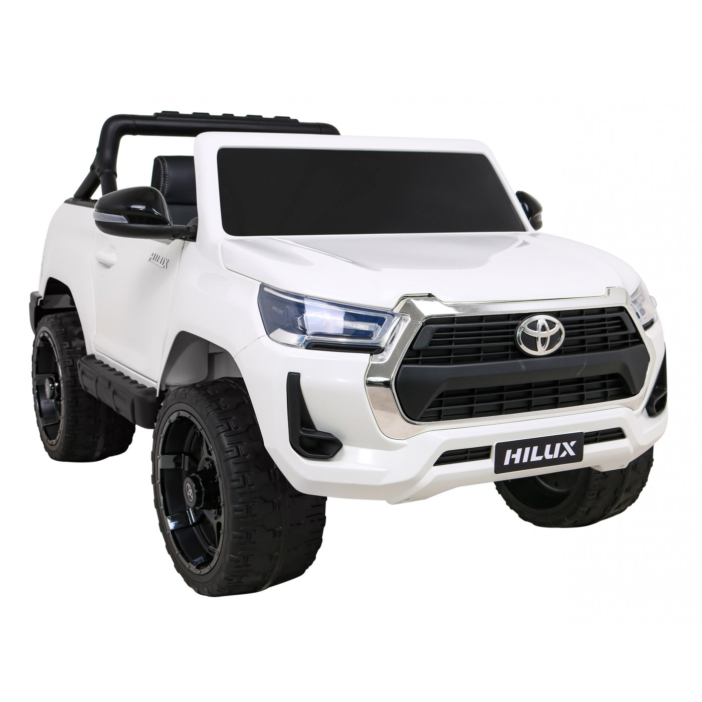 Bílá dětská baterie Toyota Hilux + 4x4 + dálkové ovládání + 2 nosiče zavazadel + MP3 rádio + LED