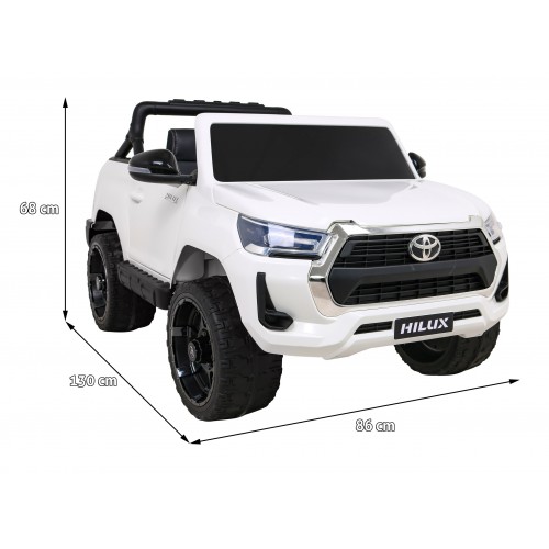 Bílá dětská baterie Toyota Hilux + 4x4 + dálkové ovládání + 2 nosiče zavazadel + MP3 rádio + LED