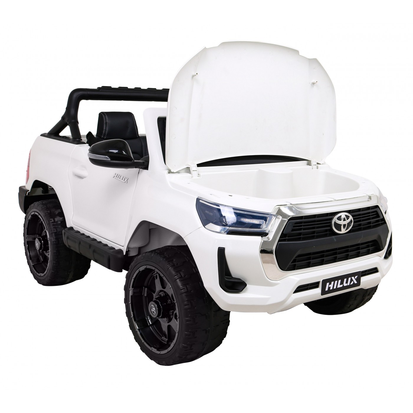 Bílá dětská baterie Toyota Hilux + 4x4 + dálkové ovládání + 2 nosiče zavazadel + MP3 rádio + LED