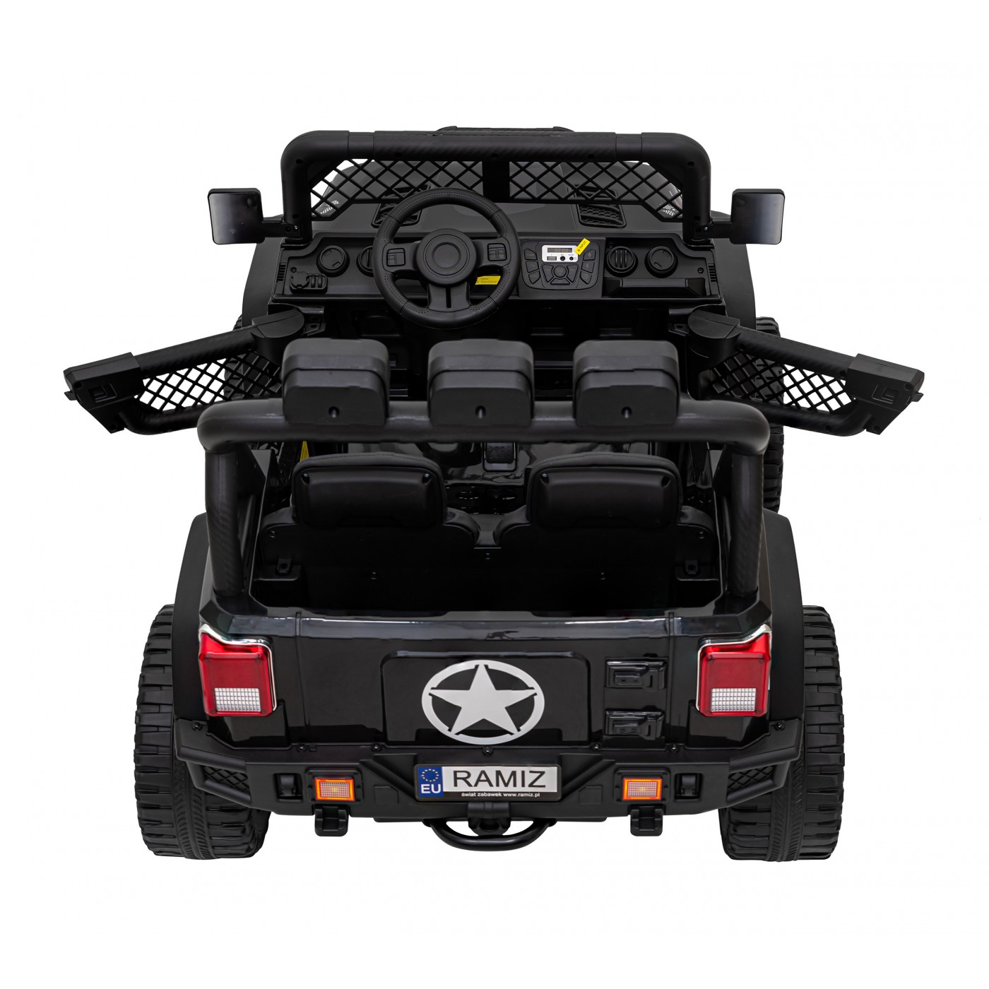 Geoland Power terénní auto pro 2 děti černé + dálkové + 2x200W motory + zavazadlový prostor + MP3 + LED rádio