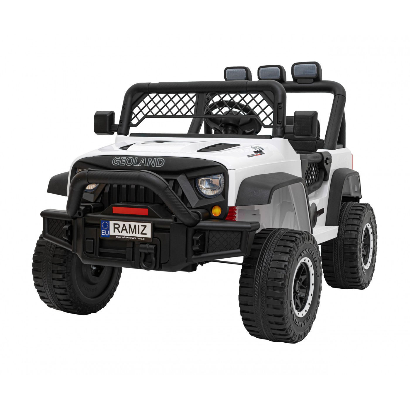 Geoland Power terénní auto pro 2 děti bílá + dálkové + 2x200W motory + zavazadlový prostor + MP3 + LED rádio