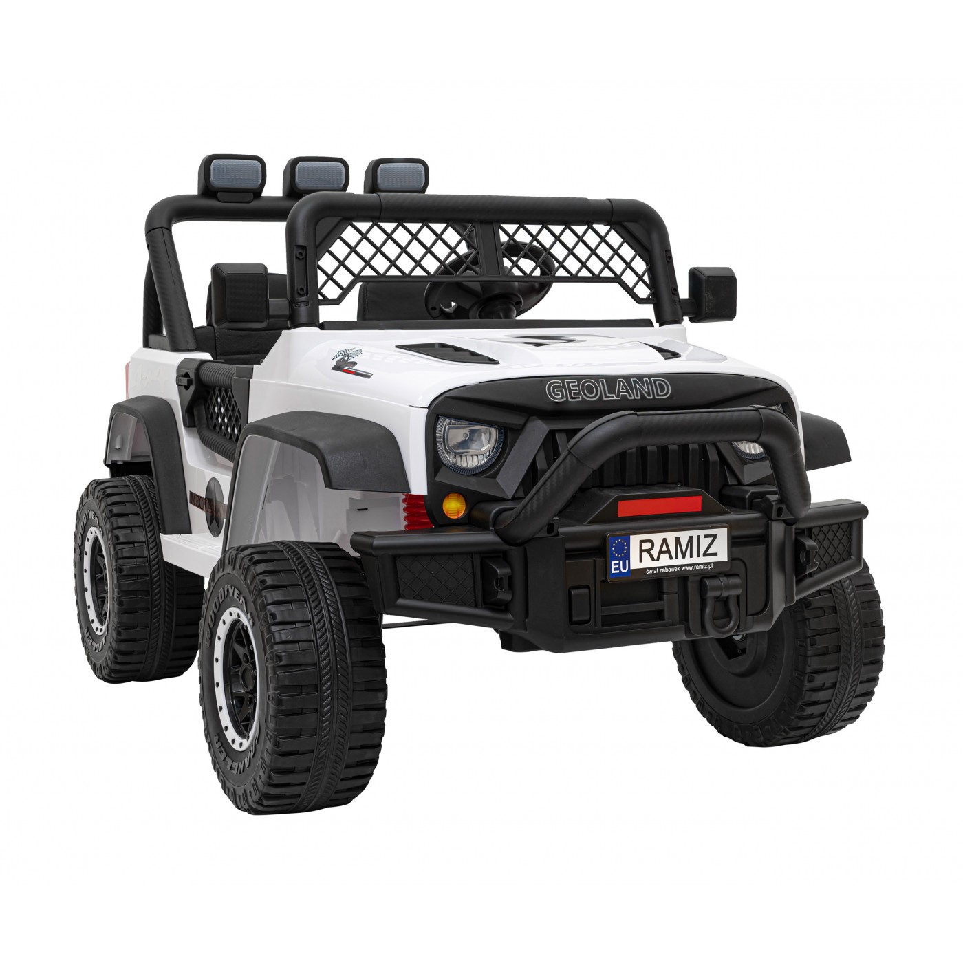 Geoland Power terénní auto pro 2 děti bílá + dálkové + 2x200W motory + zavazadlový prostor + MP3 + LED rádio