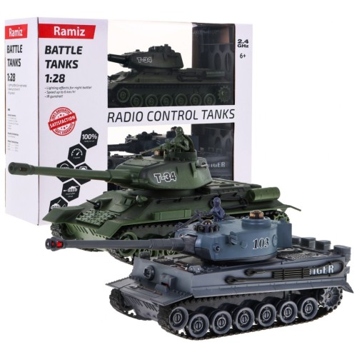 Dálkově ovládané 2 tanky T-34 vs. tygří tanky pro děti 3+ střelecké modely 1:28 + velká bitva tanků + zhasnutá světla