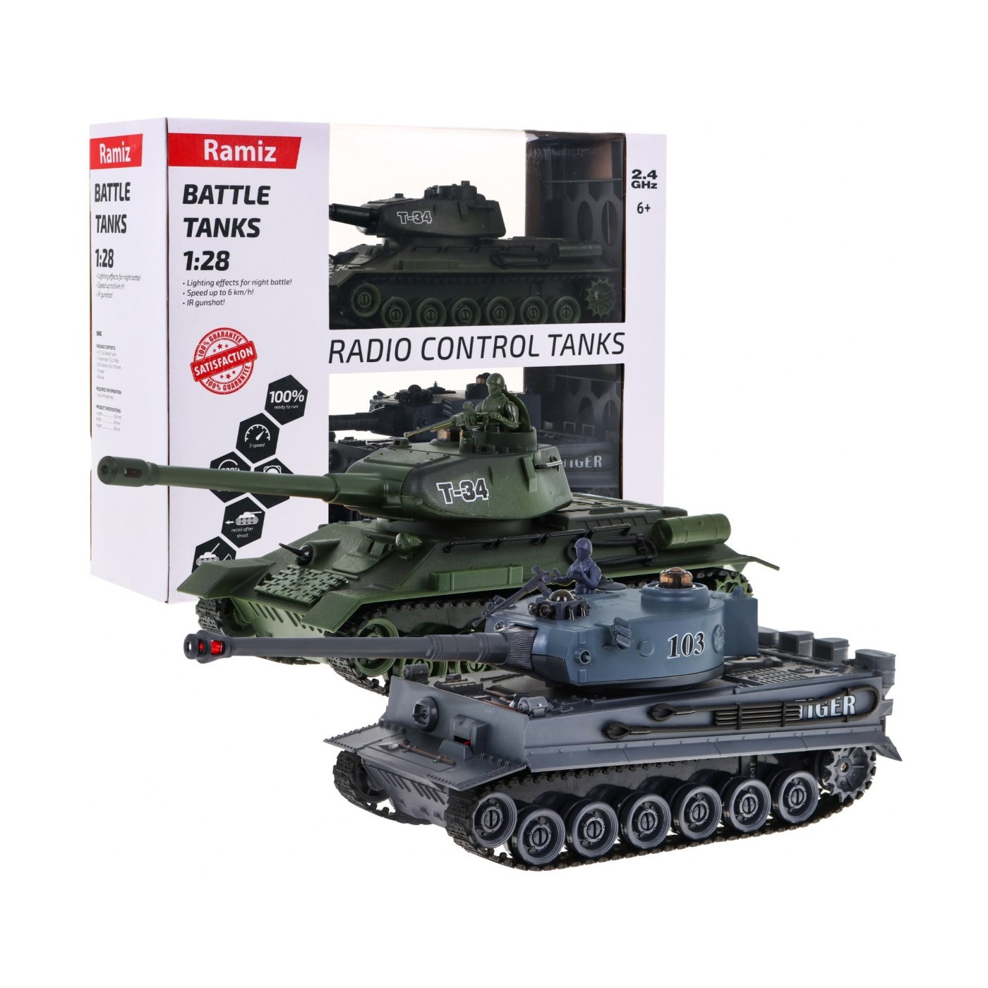 Dálkově ovládané 2 tanky T-34 vs. tygří tanky pro děti 3+ střelecké modely 1:28 + velká bitva tanků + zhasnutá světla