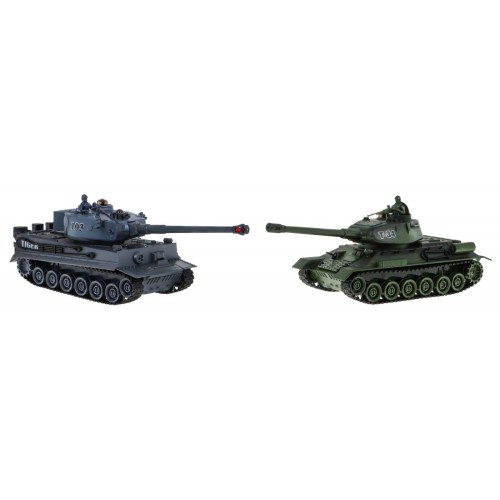 Dálkově ovládané 2 tanky T-34 vs. tygří tanky pro děti 3+ střelecké modely 1:28 + velká bitva tanků + zhasnutá světla