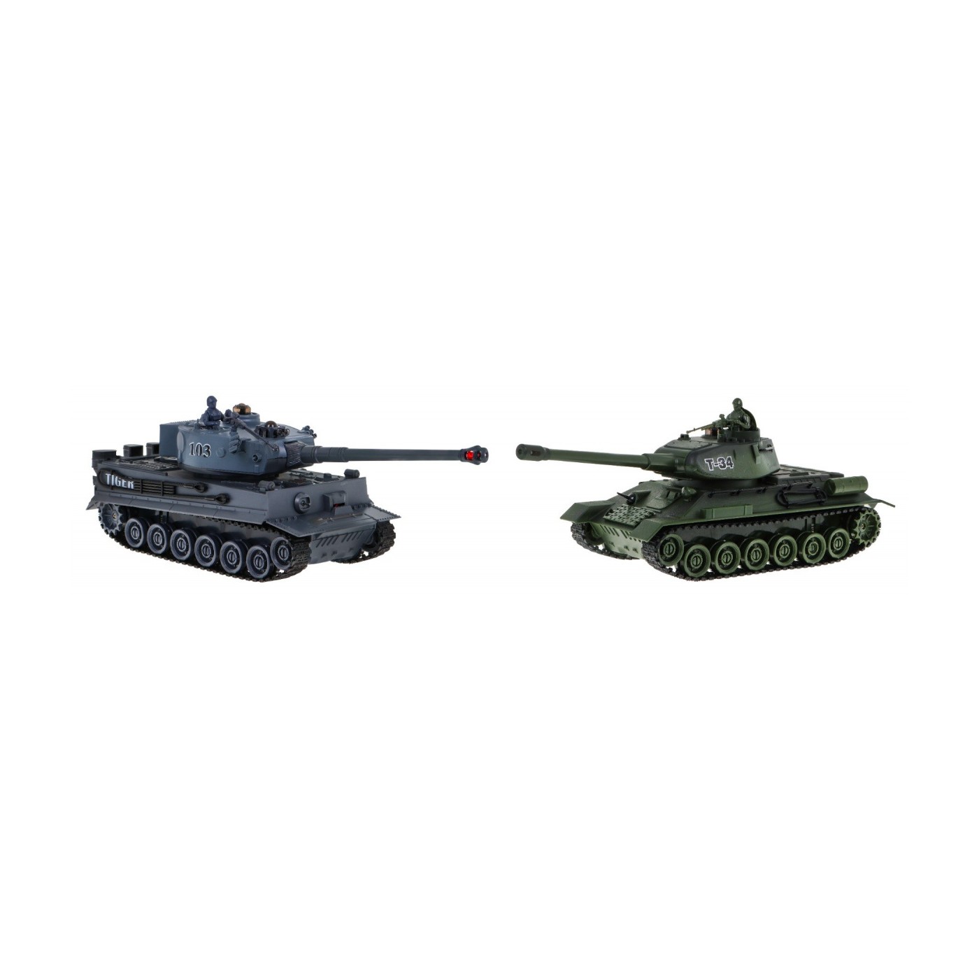 Dálkově ovládané 2 tanky T-34 vs. tygří tanky pro děti 3+ střelecké modely 1:28 + velká bitva tanků + zhasnutá světla
