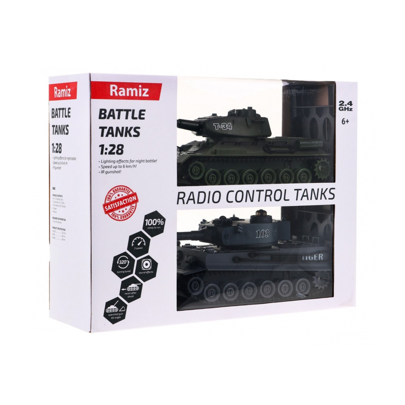 Dálkově ovládané 2 tanky T-34 vs. tygří tanky pro děti 3+ střelecké modely 1:28 + velká bitva tanků + zhasnutá světla