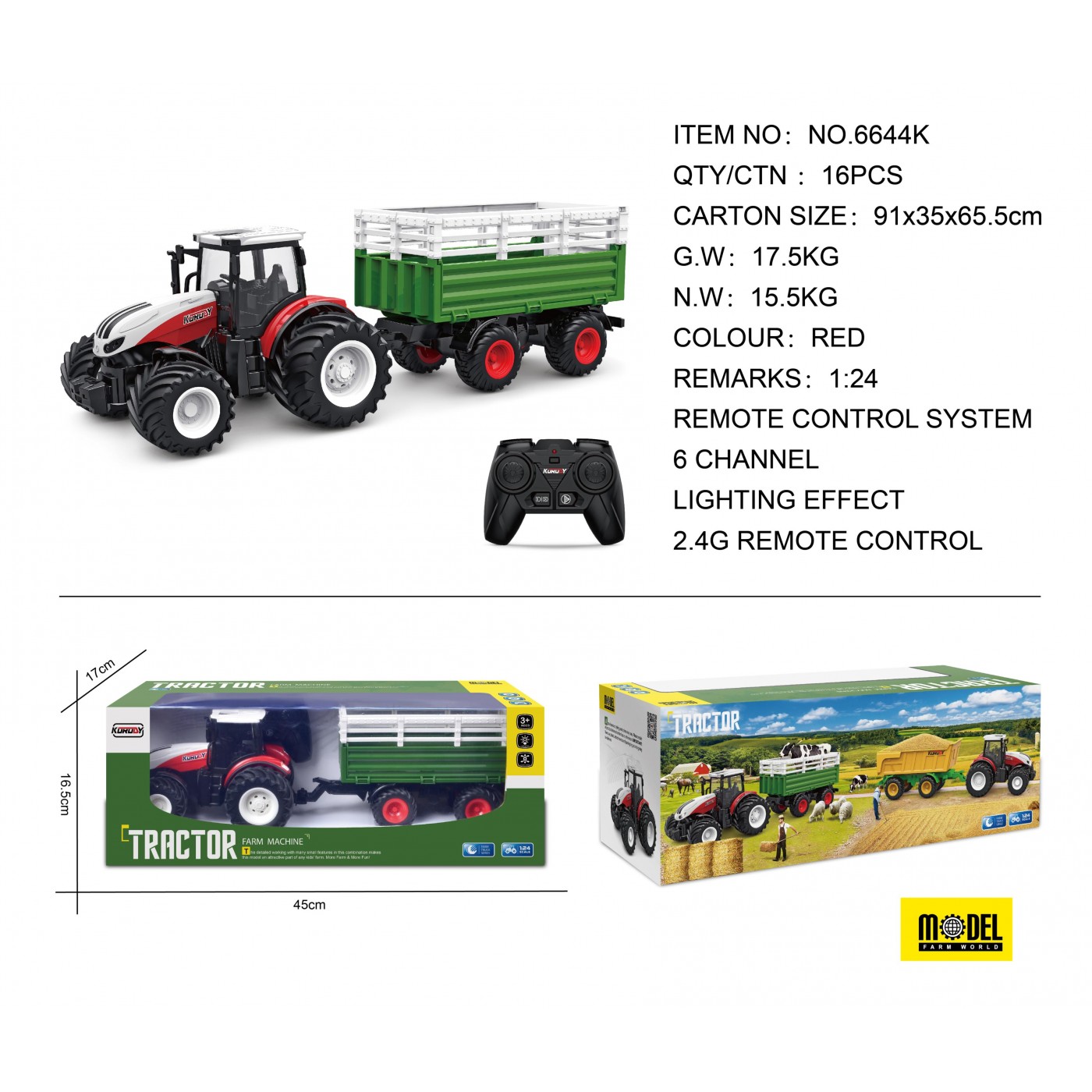 Červený traktor R/C s přívěsem 1:24