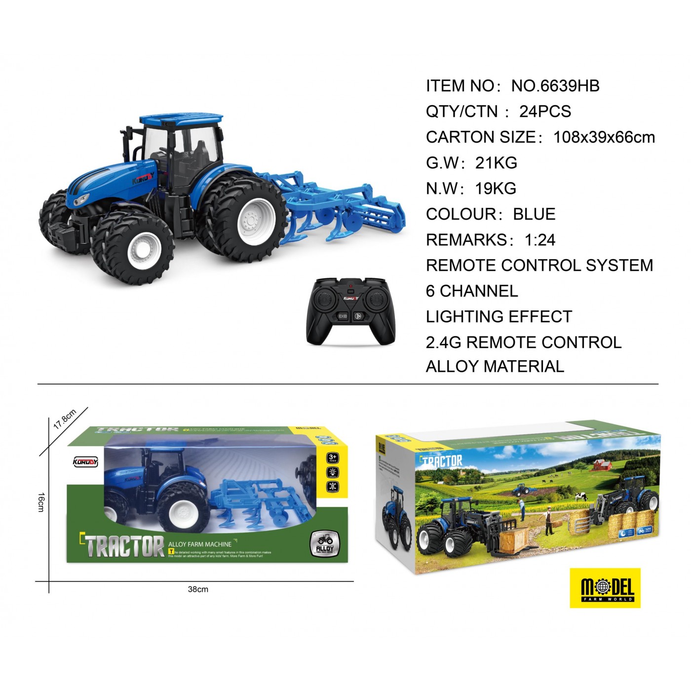 Modrý R/C traktor s pluhem