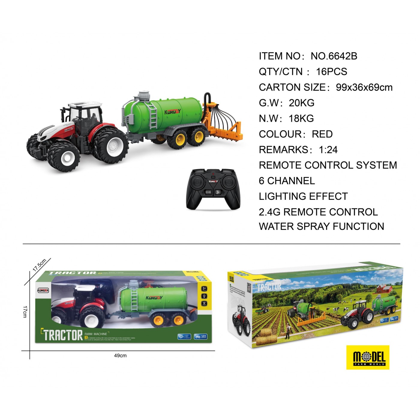 Červený traktor R/C s cisternou
