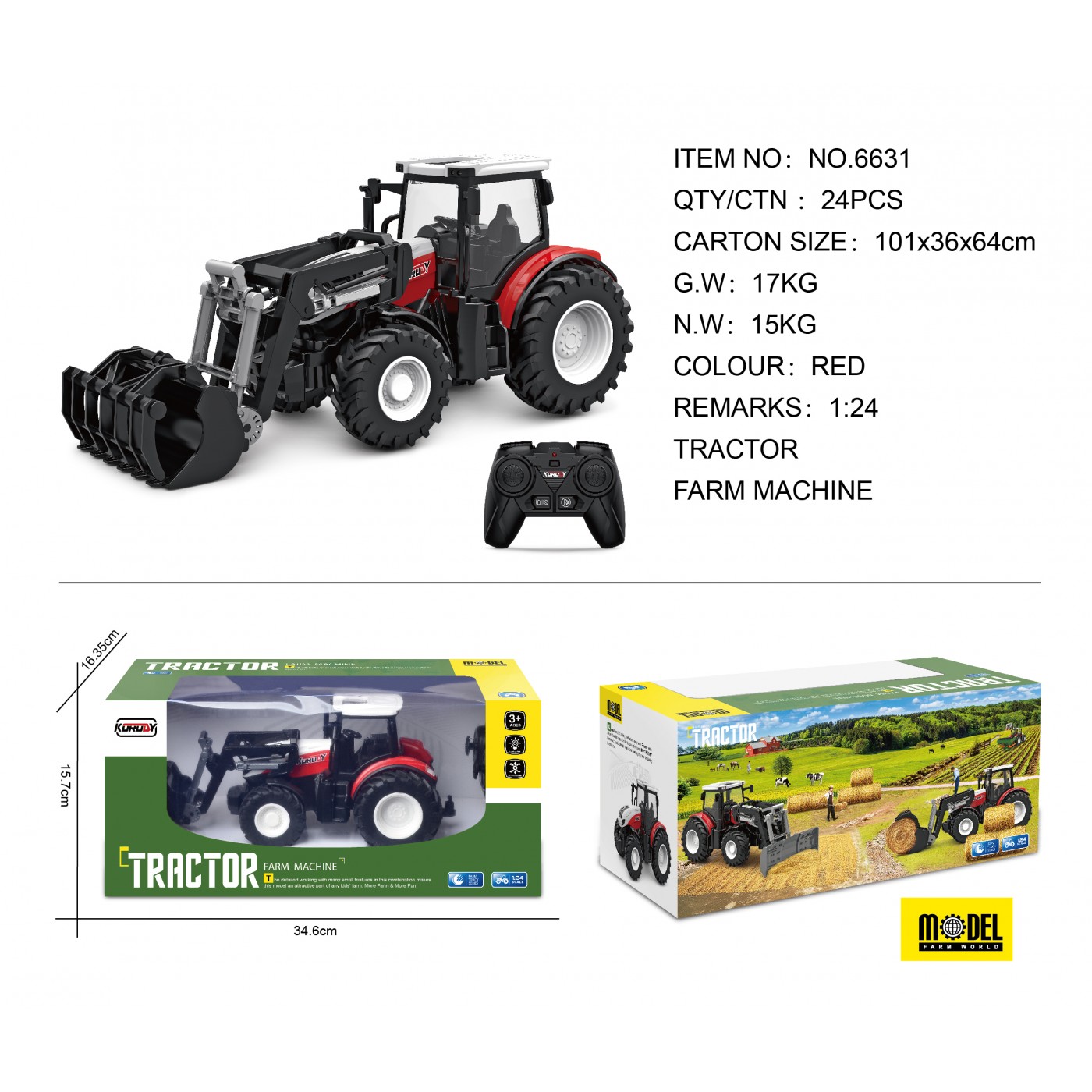 Červený R/C traktor s nakladačem