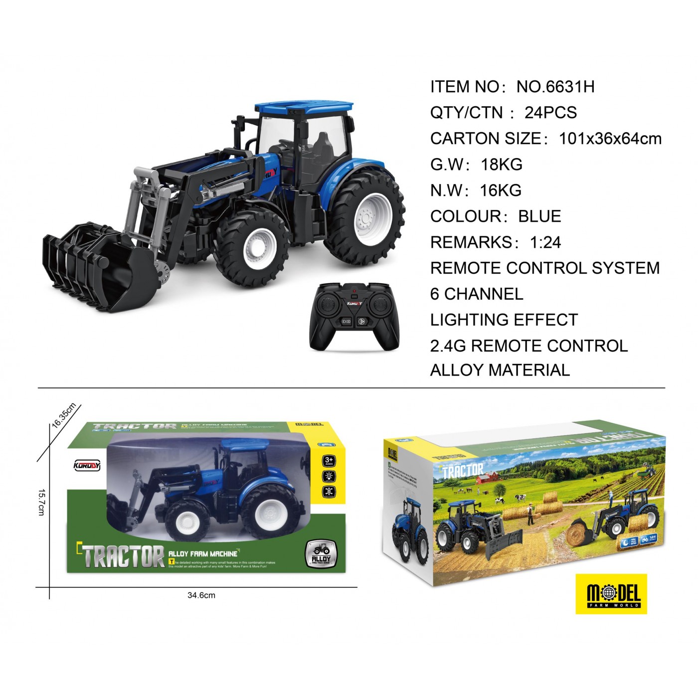 Modrý R/C traktor s lapačem