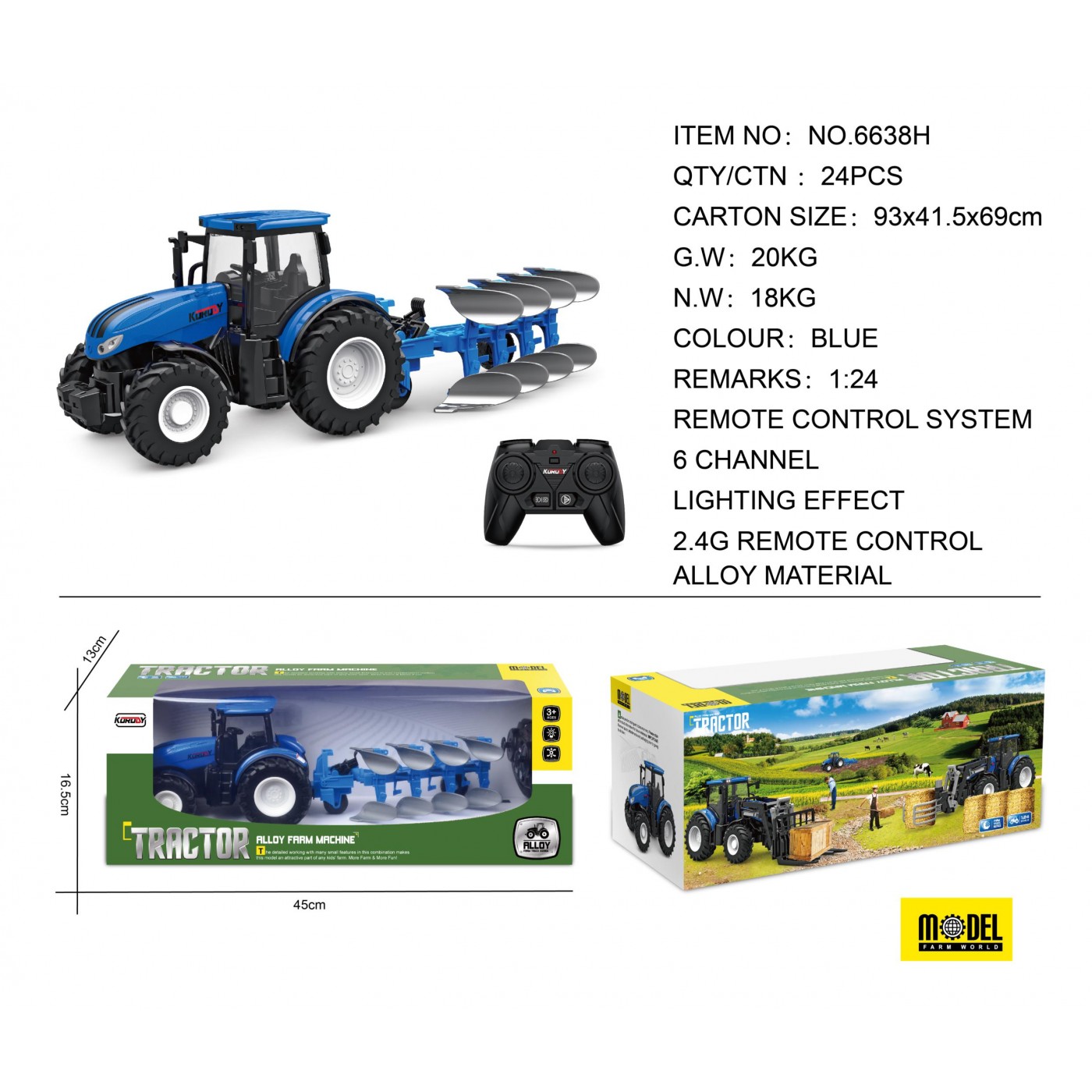 Modrý R/C traktor s pluhem 1:24