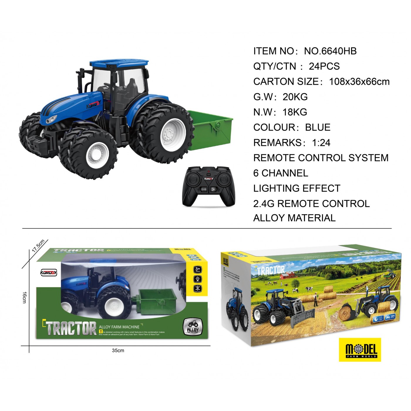 R/C modrý traktor + příslušenství