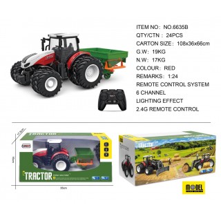 Červený R/C traktor se secím strojem
