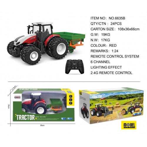 Červený R/C traktor se secím strojem