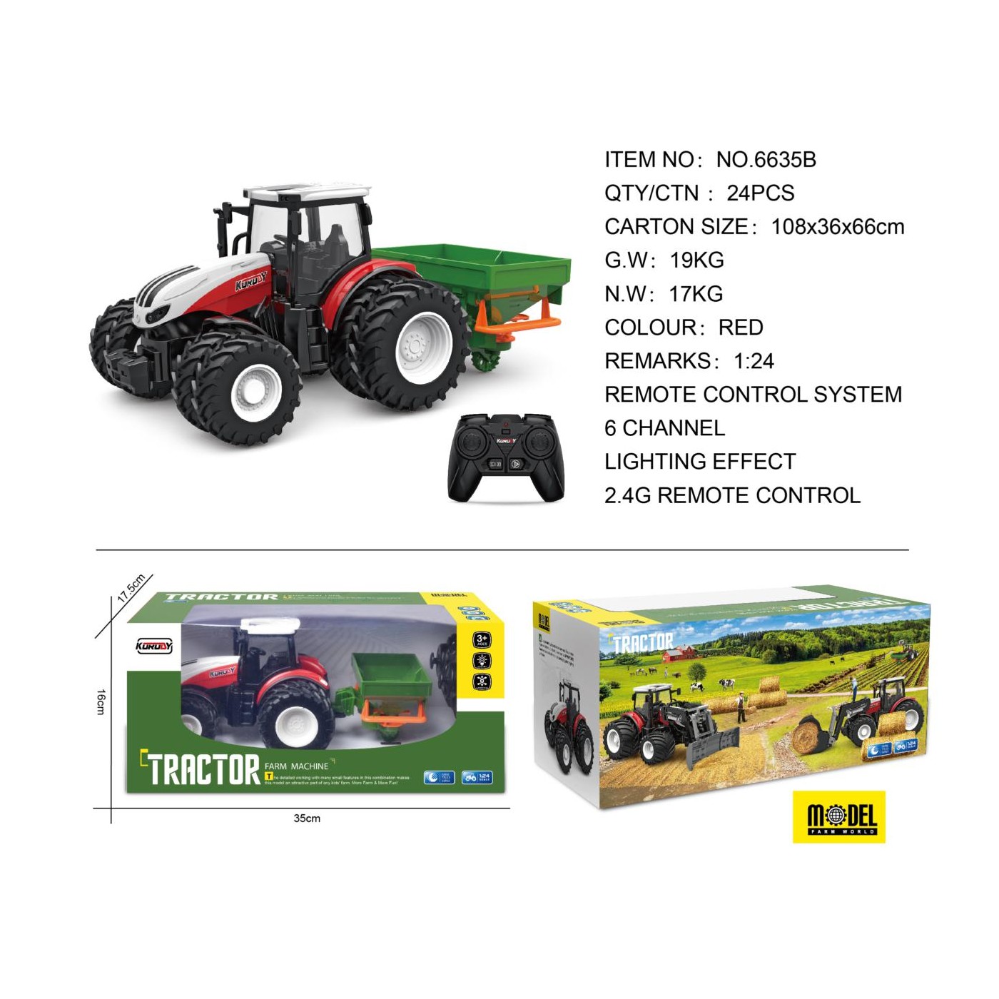 Červený R/C traktor se secím strojem
