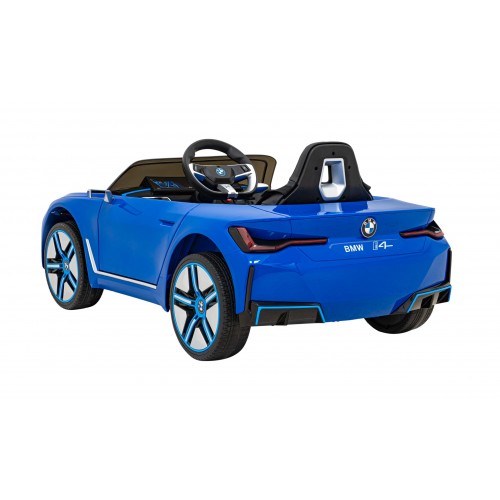 Autíčko BMW I4 na baterii pro děti Modré + Pomalý Start + EVA + Eko-kůže + Audio LED + Dálkové ovládání