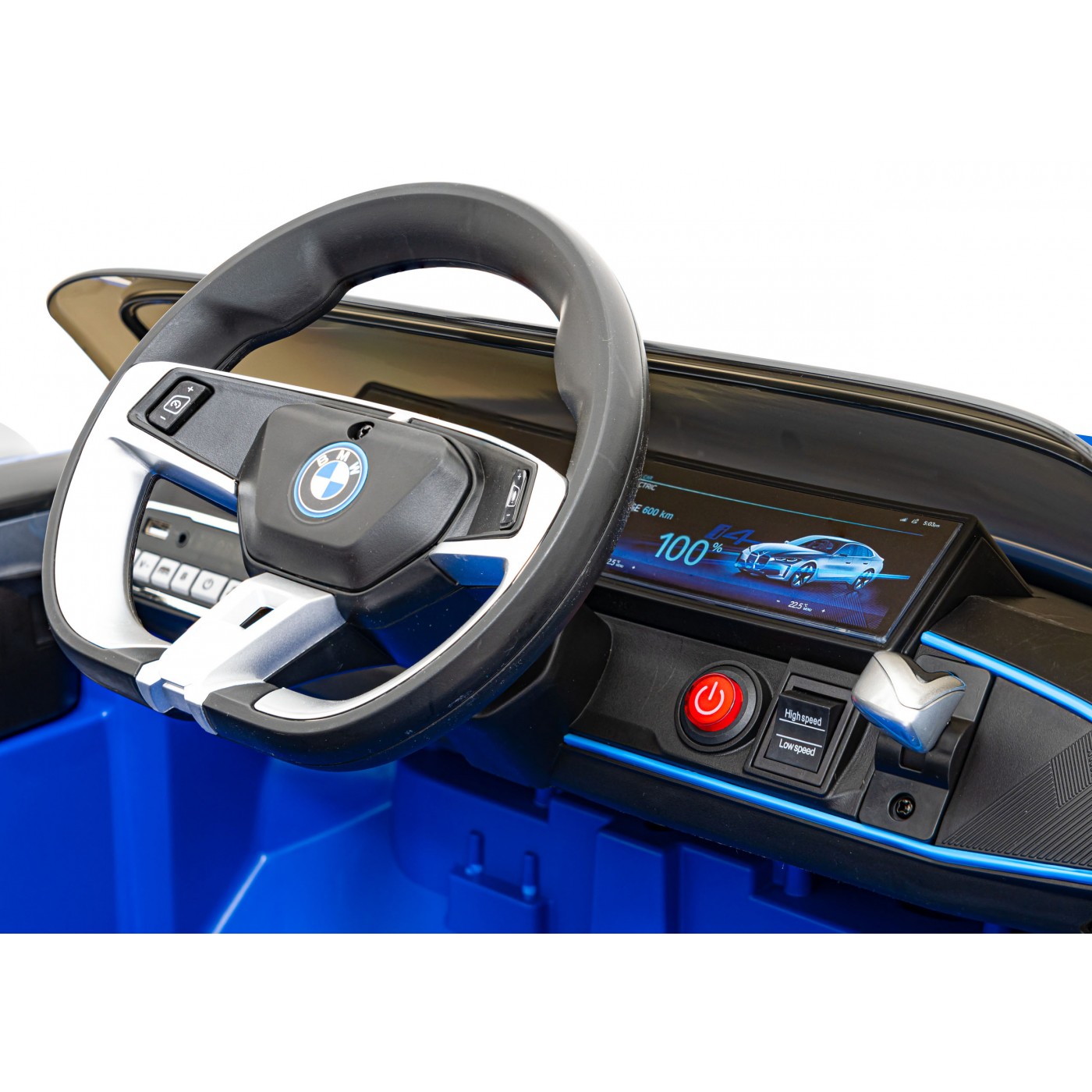 Autíčko BMW I4 na baterii pro děti Modré + Pomalý Start + EVA + Eko-kůže + Audio LED + Dálkové ovládání