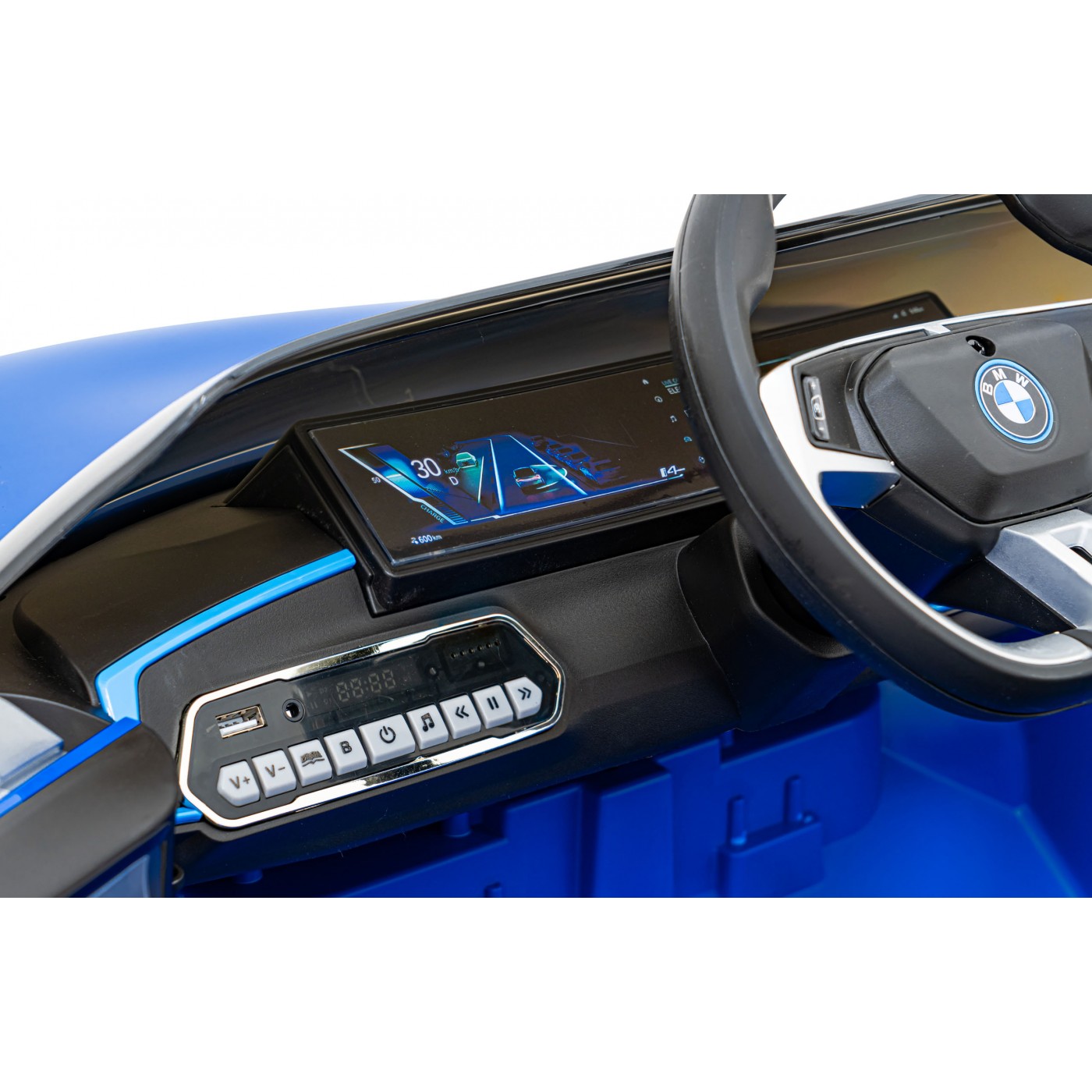 Autíčko BMW I4 na baterii pro děti Modré + Pomalý Start + EVA + Eko-kůže + Audio LED + Dálkové ovládání