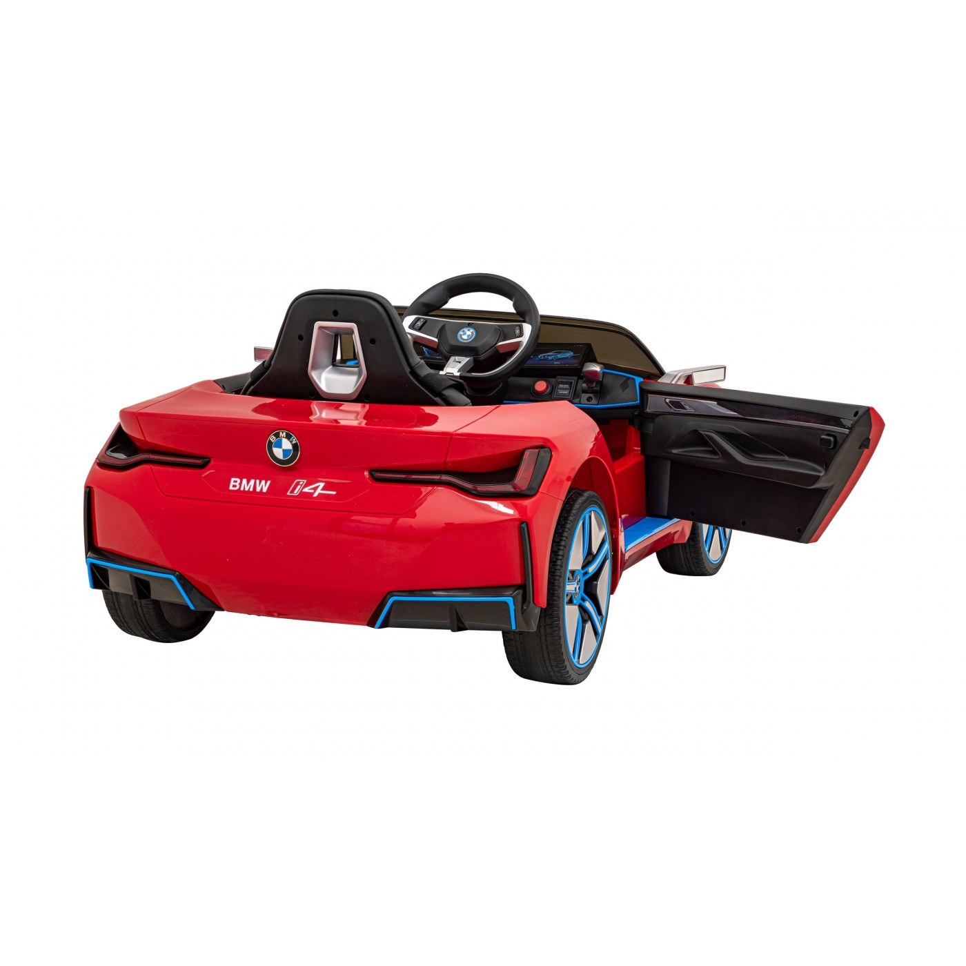 Autíčko BMW I4 na baterii pro děti červené + Slow Start + EVA + Eco-kůže + Audio LED + Dálkové ovládání