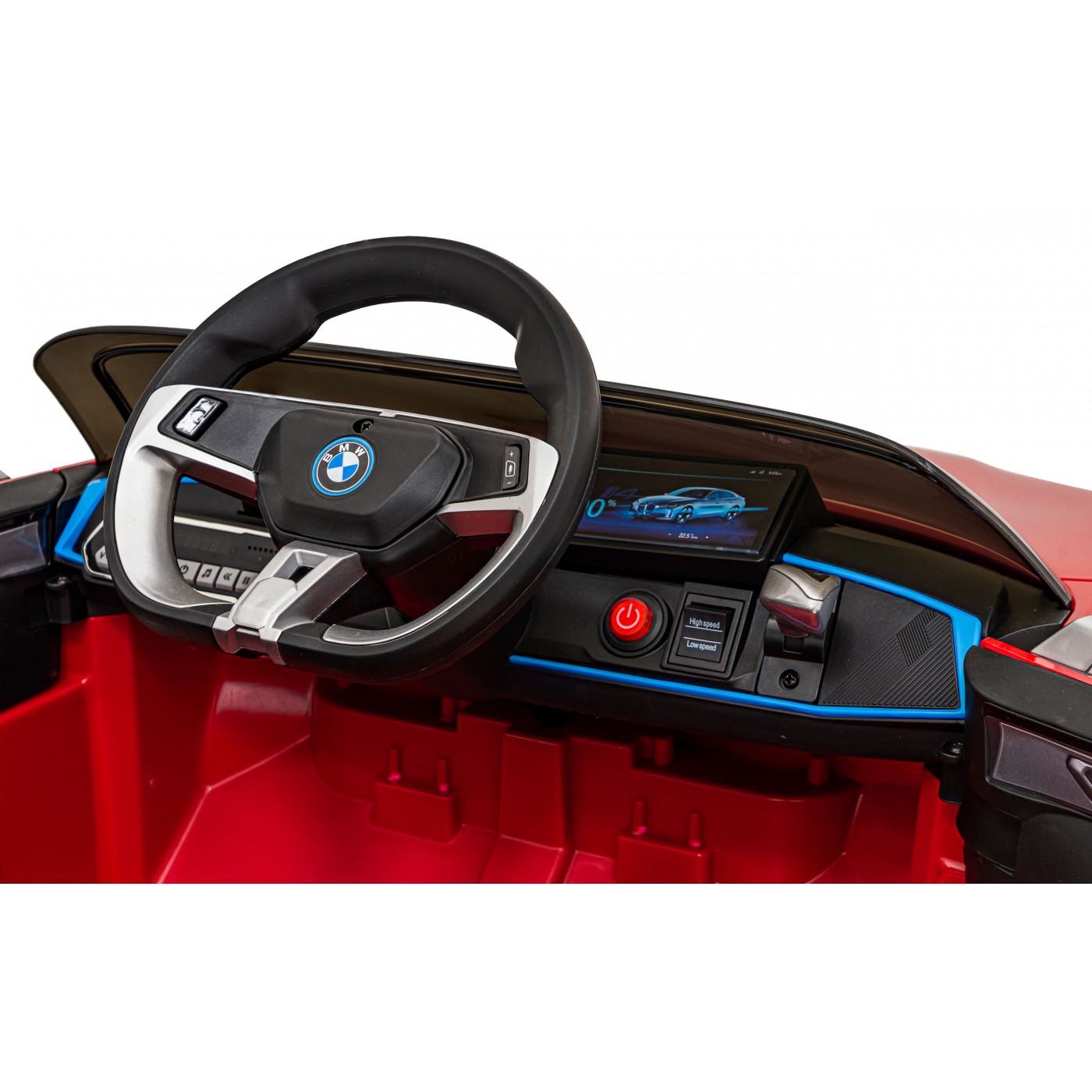 Autíčko BMW I4 na baterii pro děti červené + Slow Start + EVA + Eco-kůže + Audio LED + Dálkové ovládání