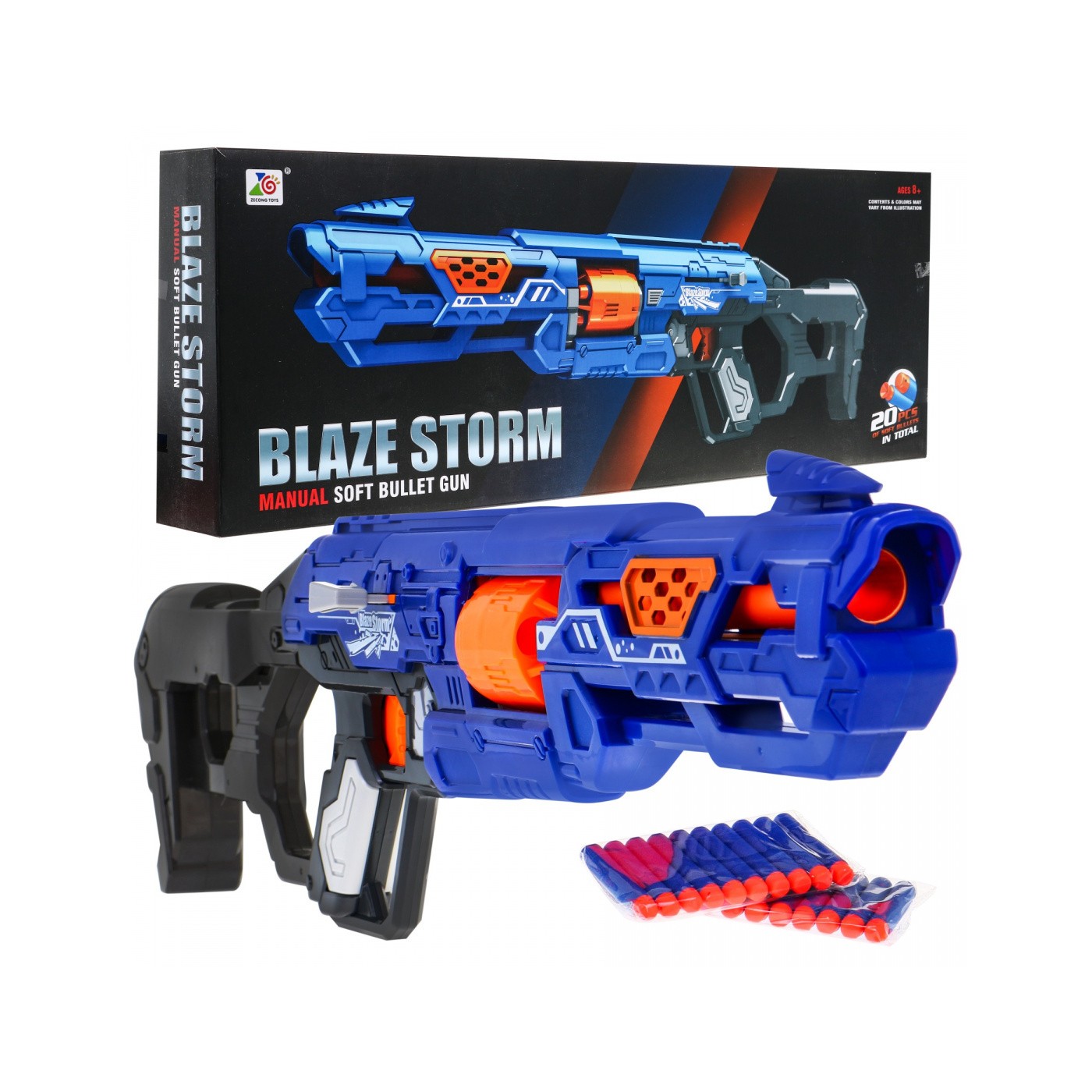 Dětská ruční puška 8+ mechanismus na zip Blaze Storm + 20 dlouhých pěnových kuliček