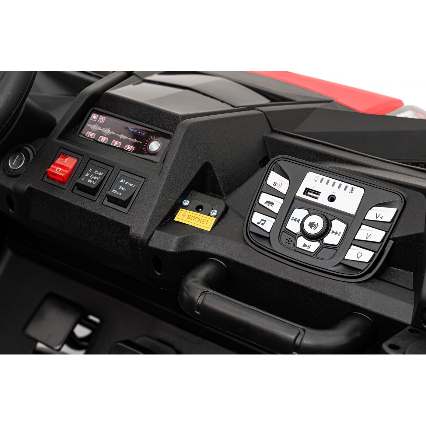 Buggy ATV Strong Racing pro 2 děti červený střídavý motor nafouknutá kola Audio LED