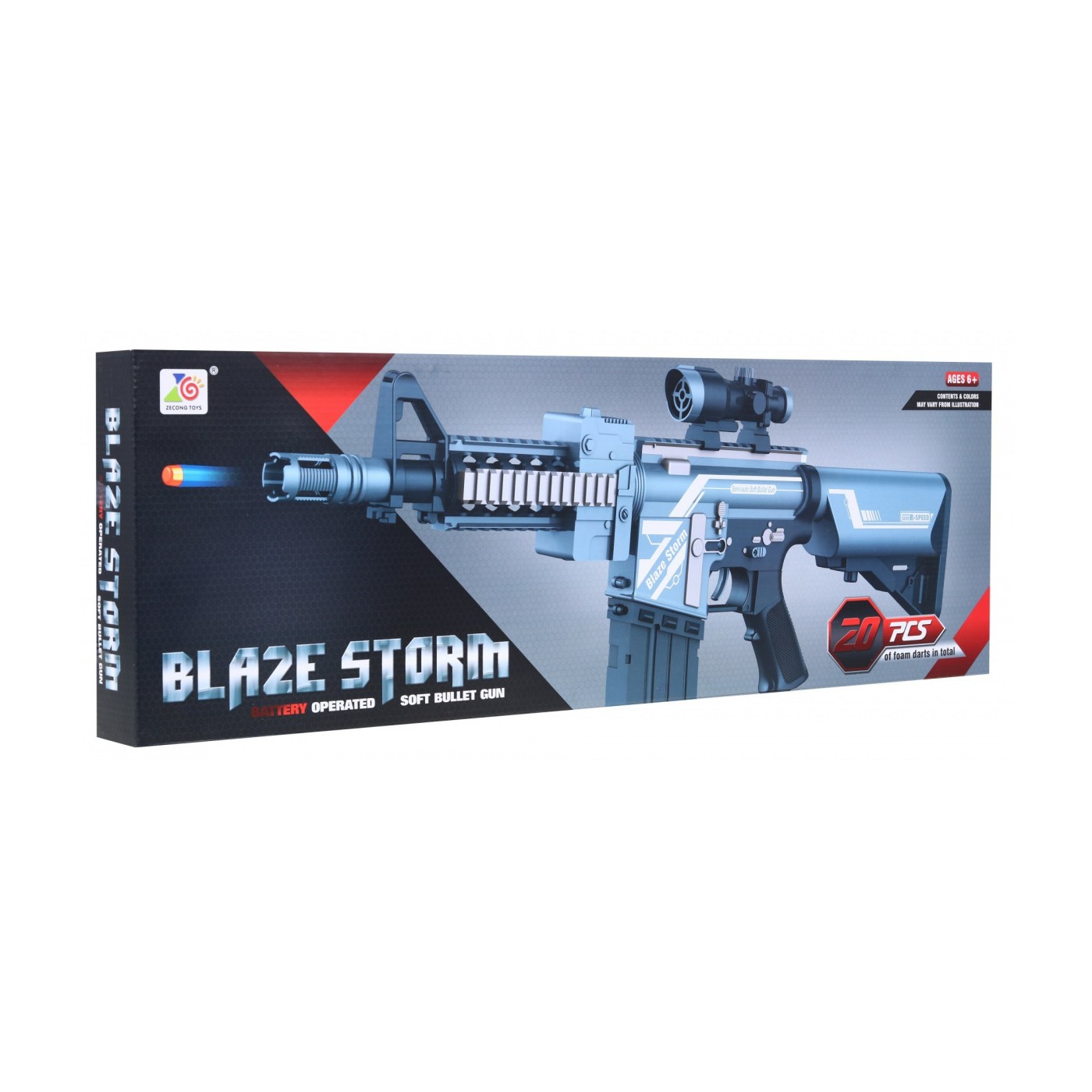 Stříbrná dětská puška 6+ Blaze Storm 20 dlouhých pěnových kuliček + zaměřovač