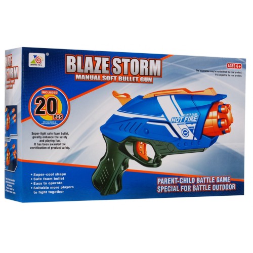 Ruční dětská pistole 6+ mechanismus pružiny Blaze Storm + 20 dlouhých pěnových kuliček