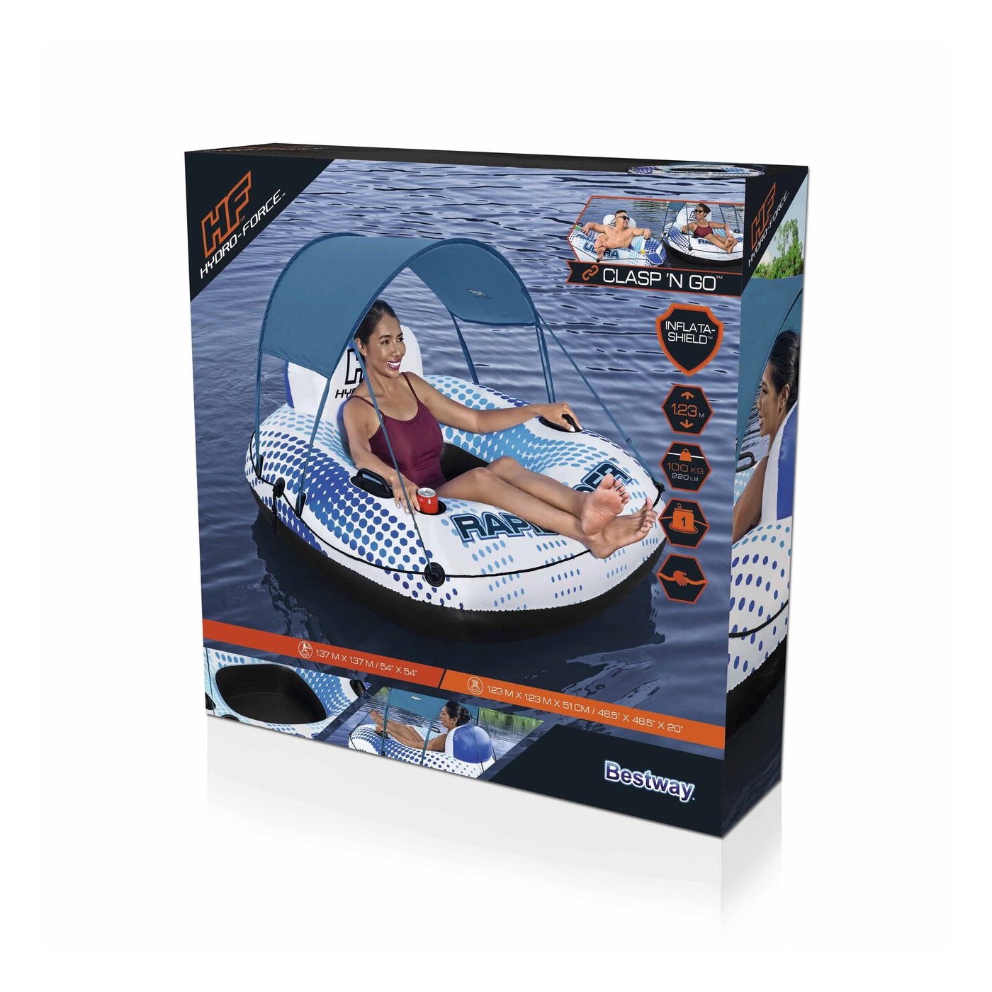 Nafukovací kolo Hydro-Force se stříškou 123x123x51cm BESTWAY + síťované dno + opěrka zad