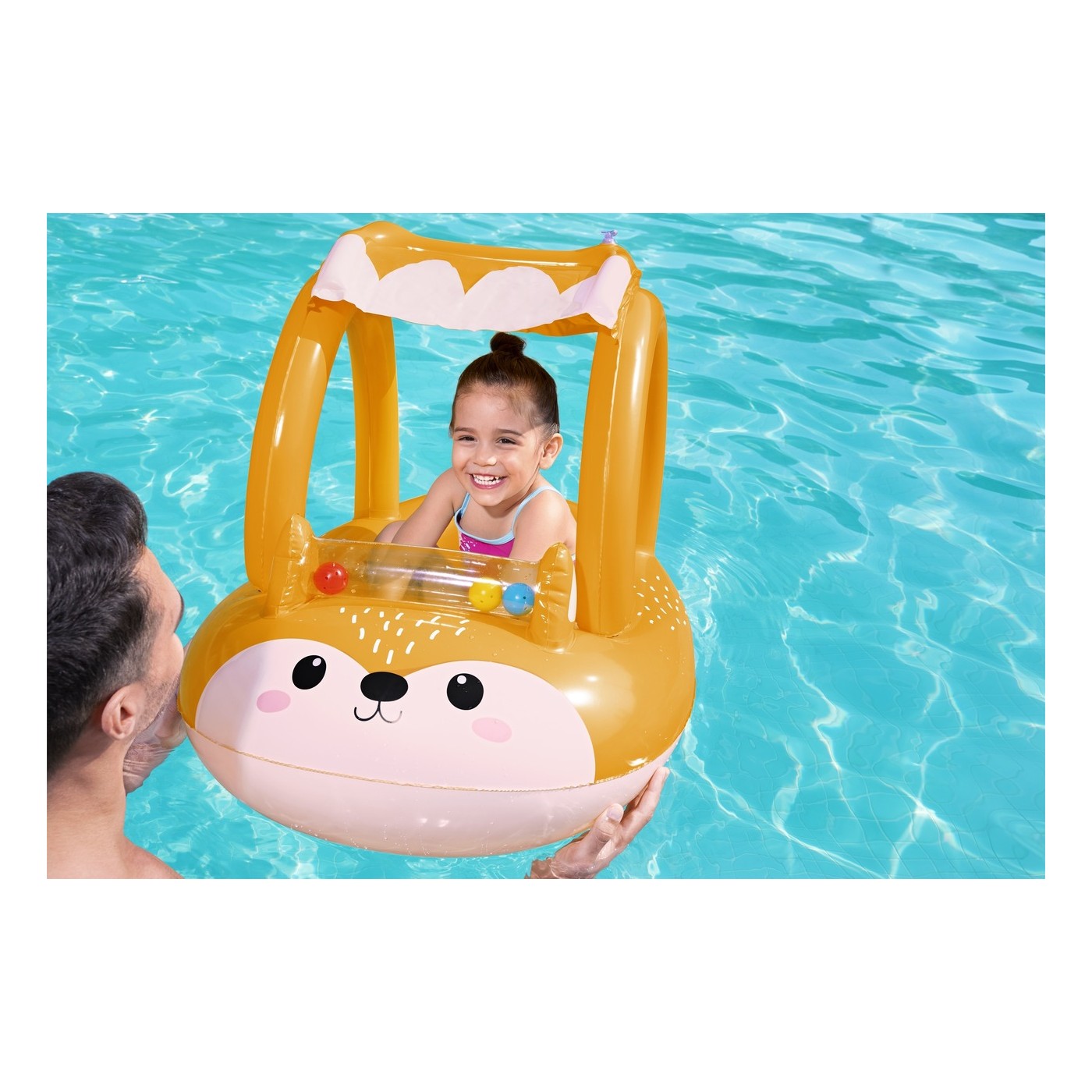 BESTWAY nafukovací ponton liška pro děti 3+ 94x66cm + nafukovací stříška + senzorické chrastítko