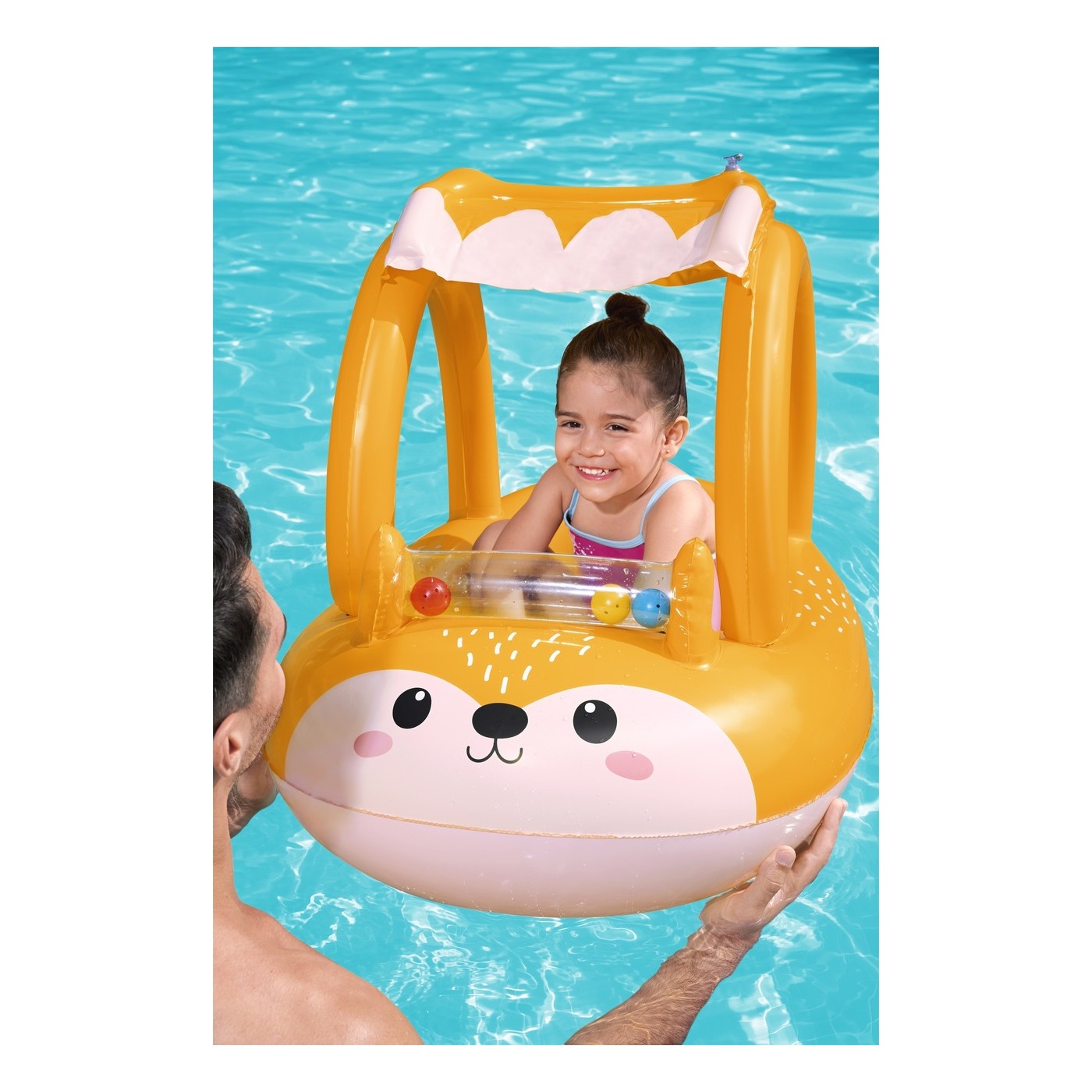 BESTWAY nafukovací ponton liška pro děti 3+ 94x66cm + nafukovací stříška + senzorické chrastítko