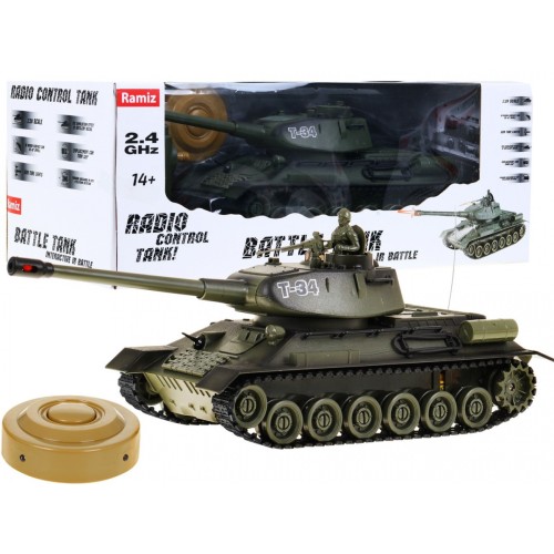 Dálkově ovládaný dětský tank T-34 3+ zelená Shooting Model 1:28 + Great Battle of Tanks + Lightsaws